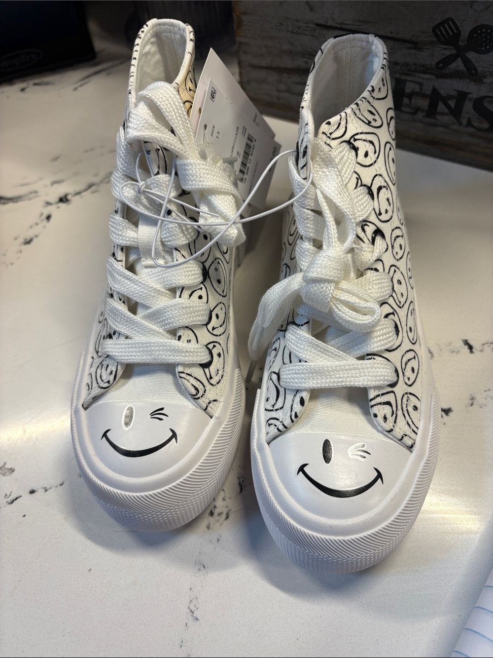 Joe Boxer White High-Top Sneakers with Black Smiley Print